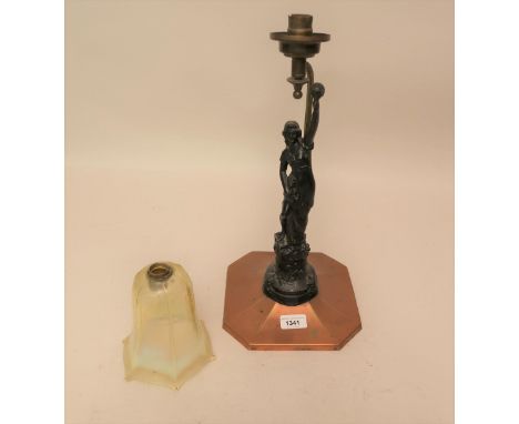 Patinated spelter and copper figural table lamp with green opalescent glass shade (mount to the shade at fault)Shade in good 