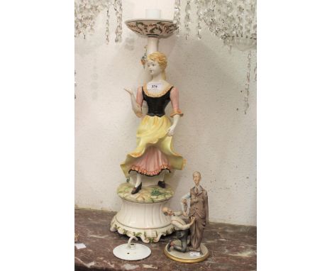 Large Capo di Monte figural table lamp, the frosted glass shade applied with flowers togetherwith a Naples figure of a gentle