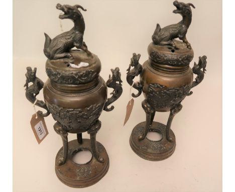 Pair of late 19th Century Japanese brown patinated bronze two handled censers with covers, 15ins high 
