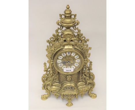 Reproduction gilt brass ornate mantel clock with battery movement 