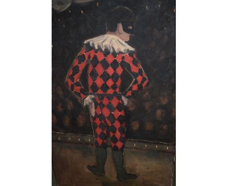 Two unframed oils on canvas, portrait of a harlequin on stage, and study of figures at a horse fair 