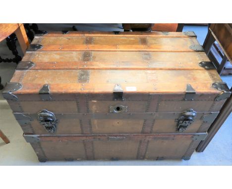 19th Century American wooded slatted canvas travelling trunk by A.E. Meek, Denver, Colorado, 34ins wide x 19ins deep x 22ins 