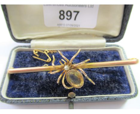 Large 9ct gold spider motif bar brooch set single oval citrine and split pearl, approximately 75mm wide, 7g 