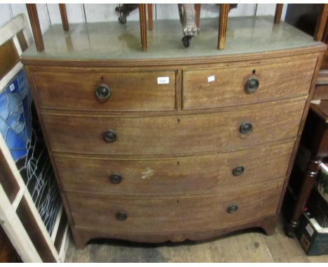 19th Century mahogany crossbanded and inlaid bow fronted chest of two short over three long graduated drawers with brass ring