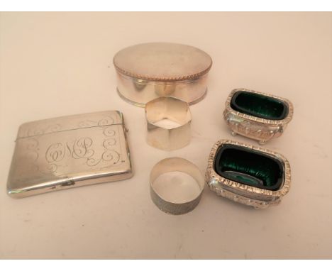 Pair of Chester silver salts with green glass liners, two silver napkin rings, small plated tureen with ladle, an oval plated