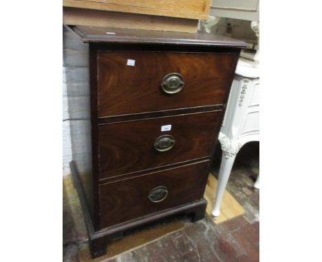19th Century mahogany three drawer chest with oval brass handles raised on bracket feet ( back feet missing , 35ins high x 23