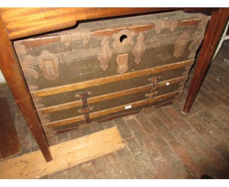 Wooden slatted linen and metal mounted trunk inscribed to the side ' E.D. Montreal ' (for restoration), 35ins wide x 22ins de