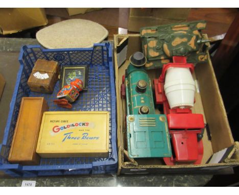 Three various Marx model vehicles together with a Japanese tin plate clockwork robot by Yone and a quantity of various games 