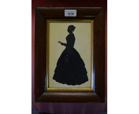 19th Century rosewood framed full length silhouette portrait of a lady together with two other silhouettes and a small wax re