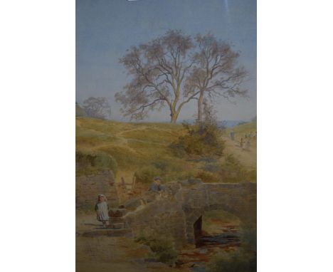 Berenga Benger, late 19th Century watercolour, boy and girl by a stone bridge fishing, dated 1893 (faded), signed, gilt frame