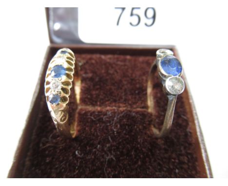 Small yellow metal five stone sapphire and diamond half hoop ring (marks rubbed and shank misshaped), together with another s