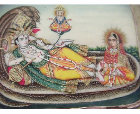 19th Century Indian school, watercolour miniature of a figure reclining on a bed of snakes, 3ins x 3.75ins approximately, unf