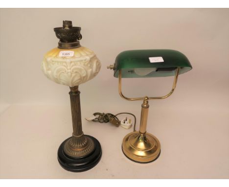 Victorian opaque glass and brass oil lamp together with a reproduction brass desk lamp 