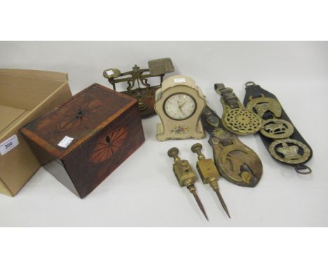 George III mahogany crossbanded and inlaid two division tea caddy (for restoration), pair of brass and mahogany postal scales