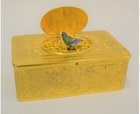 19th Century Continental silver gilt singing bird automaton musical box, the floral engraved case with hinged lid enclosing p