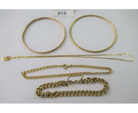 18ct Yellow gold fine link neck chain, yellow metal curb link bracelet, yellow metal bangle, a gold plated bangle and a gold 