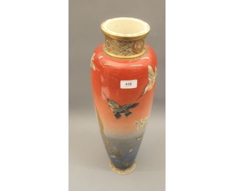 Large Japanese Satsuma pottery vase of cylindrical tapering form painted with birds and fish, 21.5ins highSome damages as sho