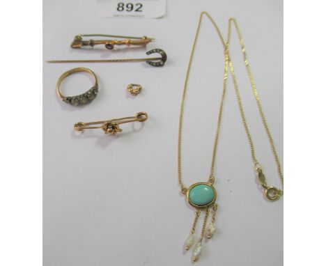 14ct Gold pendant necklace, 9ct gold paste set ring, two gold bar brooches and a Victorian horseshoe motif stick pin 