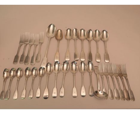 Mixed part canteen of Victorian silver Fiddle pattern cutlery comprising:  five dinner forks, seven tablespoons, six dessert 