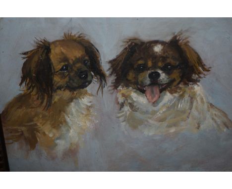 Oak framed oil on board, portrait of two dogs, signed verso, P. Weare, 8ins x 12ins 