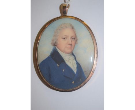 Charles Hayter 1761-1835, watercolour portrait miniature of a gentleman wearing a blue coat with gold buttons, white waistcoa