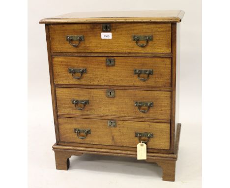 Small 19th Century walnut straight front chest of four drawers with brass handles, raised on bracket feet, 20ins wide x 13ins