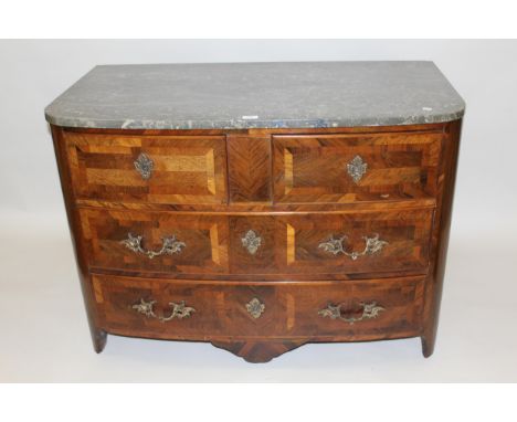 18th Century Continental rosewood commode, the grey flecked marble top above a bow front with two short and two long drawers 