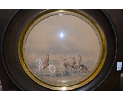 Small circular pencil and watercolour, study of a hunting party, 5ins diameter, in an ebonised and gilt frame, together with 