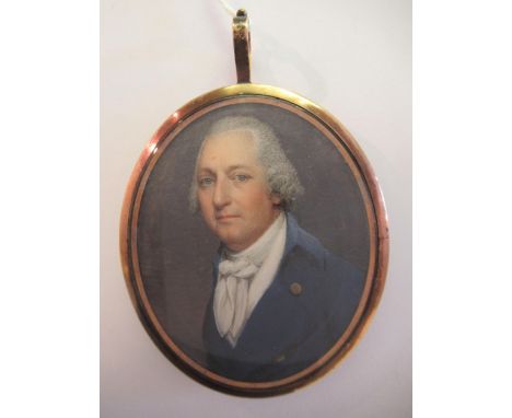 Circle of Thomas Hazlehurst, watercolour portrait miniature of a man wearing a blue coat with gold buttons and white stock, 6
