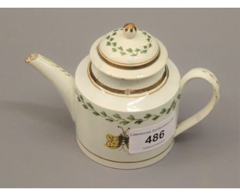 18th Century miniature Creamware teapot decorated with a band of leaves and butterflies, 4ins highVarious chips to lid and sp