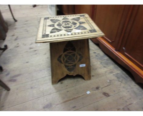 Small square carved beechwood occasional table together with a small Aesthetic movement stained pine wall bracket 