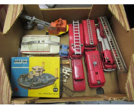 Five various Dinky fire engines, a Dinky Toys maximum security vehicle, a diecast metal toy crane and a Corgi Major Toys 1119