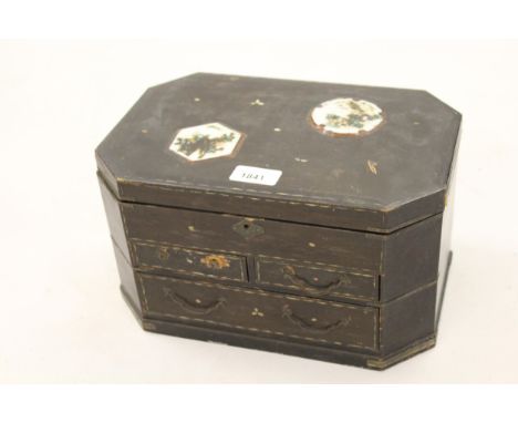 20th Century Japanese lacquer jewellery box, the hinged cover mounted with two porcelain panels enclosing fitted interior, ab