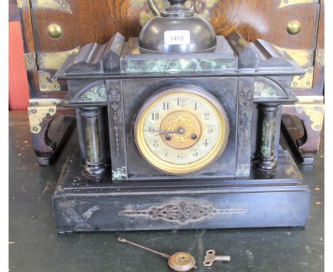 19th Century black slate and green flecked marble two train mantel clock 