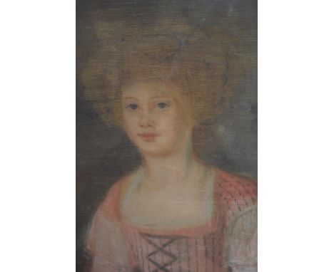 Antique Continental pastel portrait of a young lady wearing a pink dress, 19ins x 17ins, gilt framed (for restoration) 