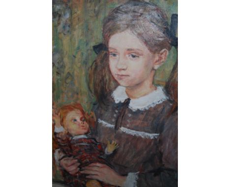 Rupert Shephard, oil on canvas, portrait of a girl holding a doll (Sabine Durrant), signed and dated 1970, 23.5ins x 17.5ins,