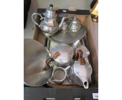Piquot Ware aluminium four piece tea service with matching tray, other various items of pewter and stainless steel together w