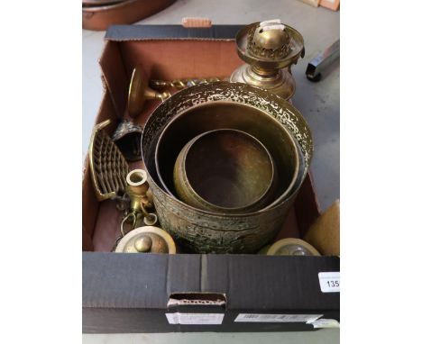 Pair of small 20th Century Chinese bronze covered jars with marks to the bases, pair of brass barley twist stem candlesticks 