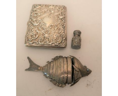 Late Victorian floral embossed and silver visiting card case, together with a Victorian small silver embossed scent bottle an