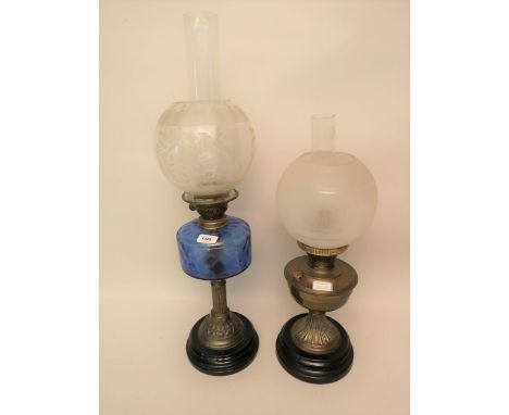 Victorian brass and glass oil lamp with blue glass well together with an oil lamp base adapted for use with electricity 