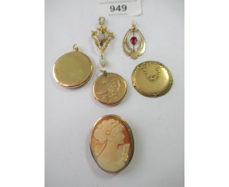 Gold pendant set opals, seed pearls and a ruby, another 9ct gold pendant, circular 10ct gold pendant locket, small 9ct gold m