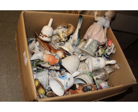 Box containing a large collection of bells including Lladro, together with a quantity of Goebel figures of birds and other fi