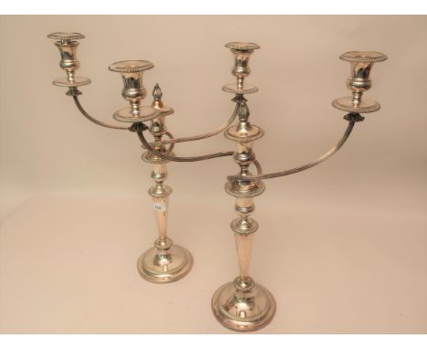 Pair of 19th Century plate on copper three light candelabra, 20ins high 