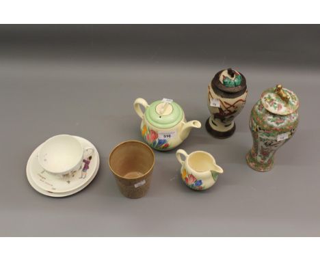 Clarice Cliff Crocus pattern individual teapot (at fault) and cream jug together with a Victorian 1897 Jubilee mug, a Canton 