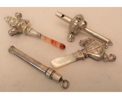 Babies Birmingham silver and mother of pearl rattle ' Boy Blue ', two other similar rattles and a silver propelling pencil 