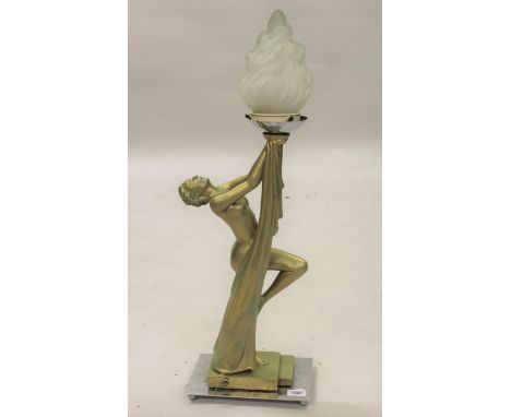 Art Deco green / gold painted plaster lamp in the form of a nude female (for re-wiring) 