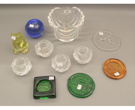 Large Kosta Boda Art glass bowl by Goren Warff together with five Kosta tea light holders and five Scandinavian glass items 
