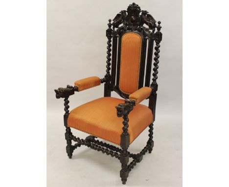 Set of ten (eight plus two) 19th Century carved oak dining chairs with padded backs and overstuffed seats, on turned supports