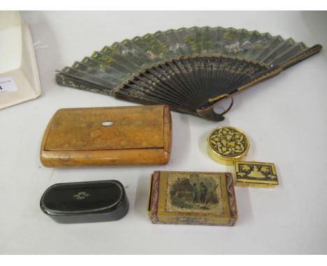 19th Century wooden snuff box with hinged lid, another small 19th Century snuff box and sundries 