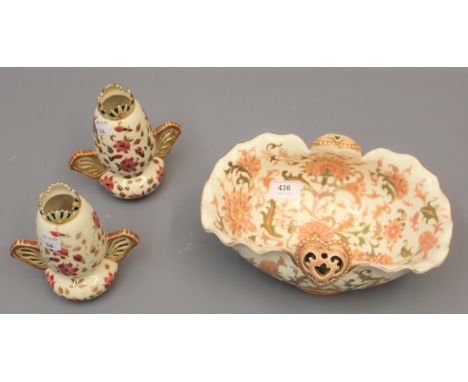 Zsolnay Pecs oval floral decorated pottery basket together with a pair of small Zsolnay Pecs pottery vases 